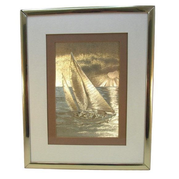 Manifestations Optical Illusion Metallic Gold Sailboat Print and Frame - Picture 1 of 11